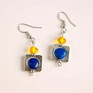 Lapis Lazuli and Baltic Amber Dangle Boho Earrings
